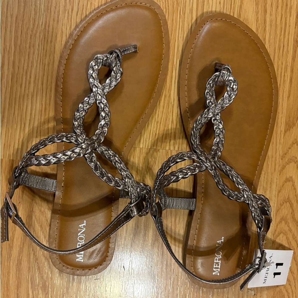 Merona Brown Sandals with bronze toned Braided Straps and Ankle Support- size 11